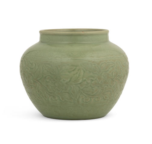 A Longquan celadon-glazed moulded jar Early Ming Dynasty