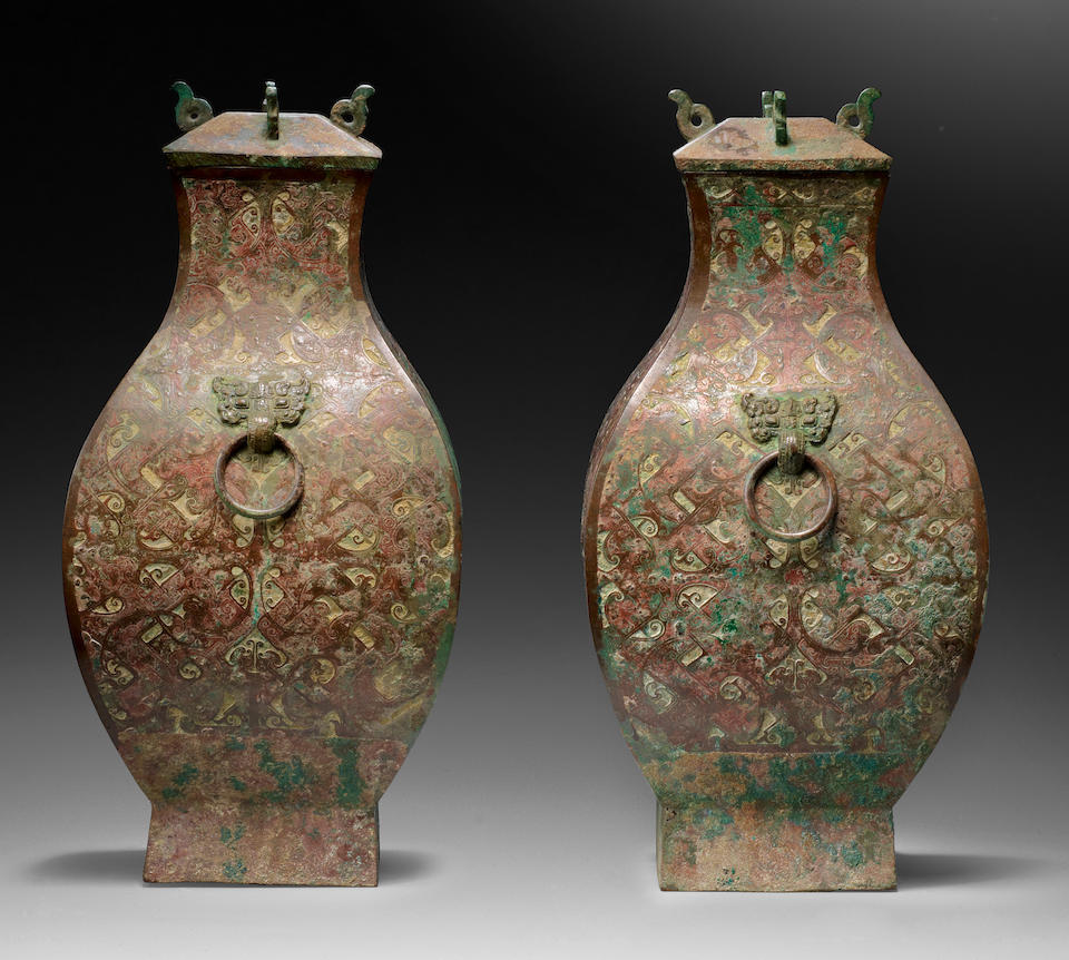 A very rare pair of large inlaid bronze square vessels and covers, Fang Hu Early Western Han Dynasty  (4)