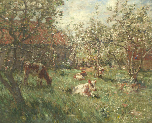 Frederick William Jackson (British, 1859-1918) Cows grazing among the trees