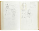 Thumbnail of Star Wars Episode IV - A New Hope John Mollo's personal sketchbook Notes & Sketches 1, a custom bound volume containing important and detailed working sketches and costume designs for many of the characters from the film Star Wars, together with production diary entries, meeting notes, time-lines and costume descriptions, the majority in black ink, some with colour; additionally the volume contains working for numerous military uniform designs for books, commercials and additional projects Mollo worked on during this time frame, Lucasfilm / Twentieth Century Fox, April 1975 - July 1976, image 3