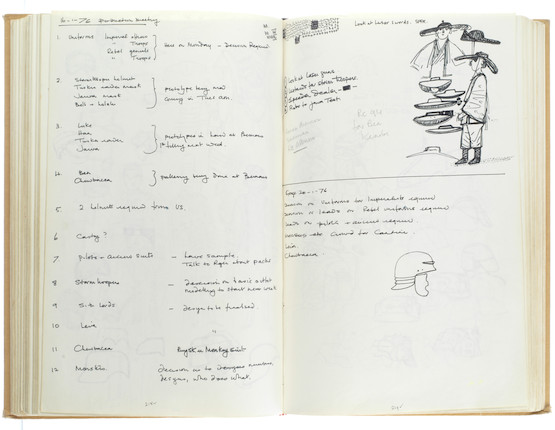 Star Wars Episode IV - A New Hope John Mollo's personal sketchbook Notes & Sketches 1, a custom bound volume containing important and detailed working sketches and costume designs for many of the characters from the film Star Wars, together with production diary entries, meeting notes, time-lines and costume descriptions, the majority in black ink, some with colour; additionally the volume contains working for numerous military uniform designs for books, commercials and additional projects Mollo worked on during this time frame, Lucasfilm / Twentieth Century Fox, April 1975 - July 1976, image 43