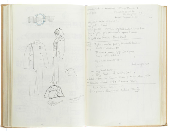 Star Wars Episode IV - A New Hope John Mollo's personal sketchbook Notes & Sketches 1, a custom bound volume containing important and detailed working sketches and costume designs for many of the characters from the film Star Wars, together with production diary entries, meeting notes, time-lines and costume descriptions, the majority in black ink, some with colour; additionally the volume contains working for numerous military uniform designs for books, commercials and additional projects Mollo worked on during this time frame, Lucasfilm / Twentieth Century Fox, April 1975 - July 1976, image 40