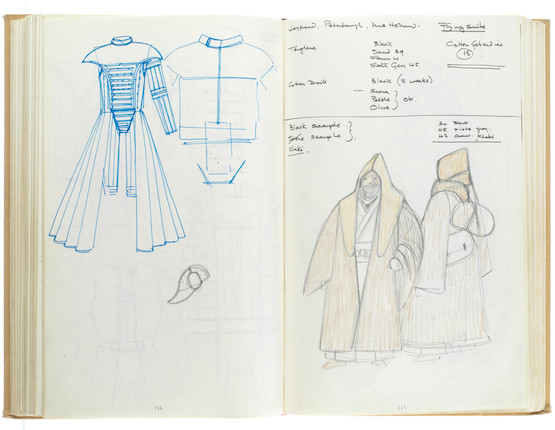 Star Wars Episode IV - A New Hope John Mollo's personal sketchbook Notes & Sketches 1, a custom bound volume containing important and detailed working sketches and costume designs for many of the characters from the film Star Wars, together with production diary entries, meeting notes, time-lines and costume descriptions, the majority in black ink, some with colour; additionally the volume contains working for numerous military uniform designs for books, commercials and additional projects Mollo worked on during this time frame, Lucasfilm / Twentieth Century Fox, April 1975 - July 1976, image 37