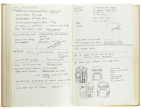 Star Wars Episode IV - A New Hope John Mollo's personal sketchbook Notes & Sketches 1, a custom bound volume containing important and detailed working sketches and costume designs for many of the characters from the film Star Wars, together with production diary entries, meeting notes, time-lines and costume descriptions, the majority in black ink, some with colour; additionally the volume contains working for numerous military uniform designs for books, commercials and additional projects Mollo worked on during this time frame, Lucasfilm / Twentieth Century Fox, April 1975 - July 1976, image 35