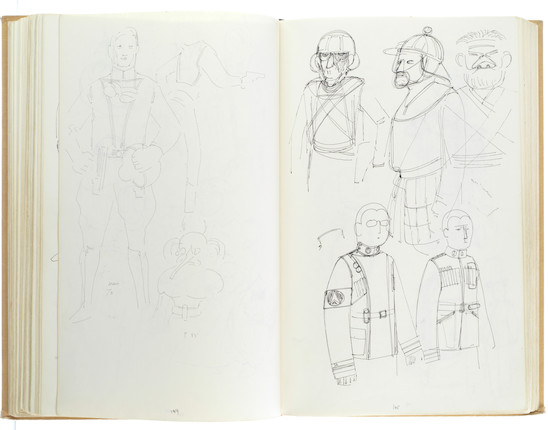 Star Wars Episode IV - A New Hope John Mollo's personal sketchbook Notes & Sketches 1, a custom bound volume containing important and detailed working sketches and costume designs for many of the characters from the film Star Wars, together with production diary entries, meeting notes, time-lines and costume descriptions, the majority in black ink, some with colour; additionally the volume contains working for numerous military uniform designs for books, commercials and additional projects Mollo worked on during this time frame, Lucasfilm / Twentieth Century Fox, April 1975 - July 1976, image 34