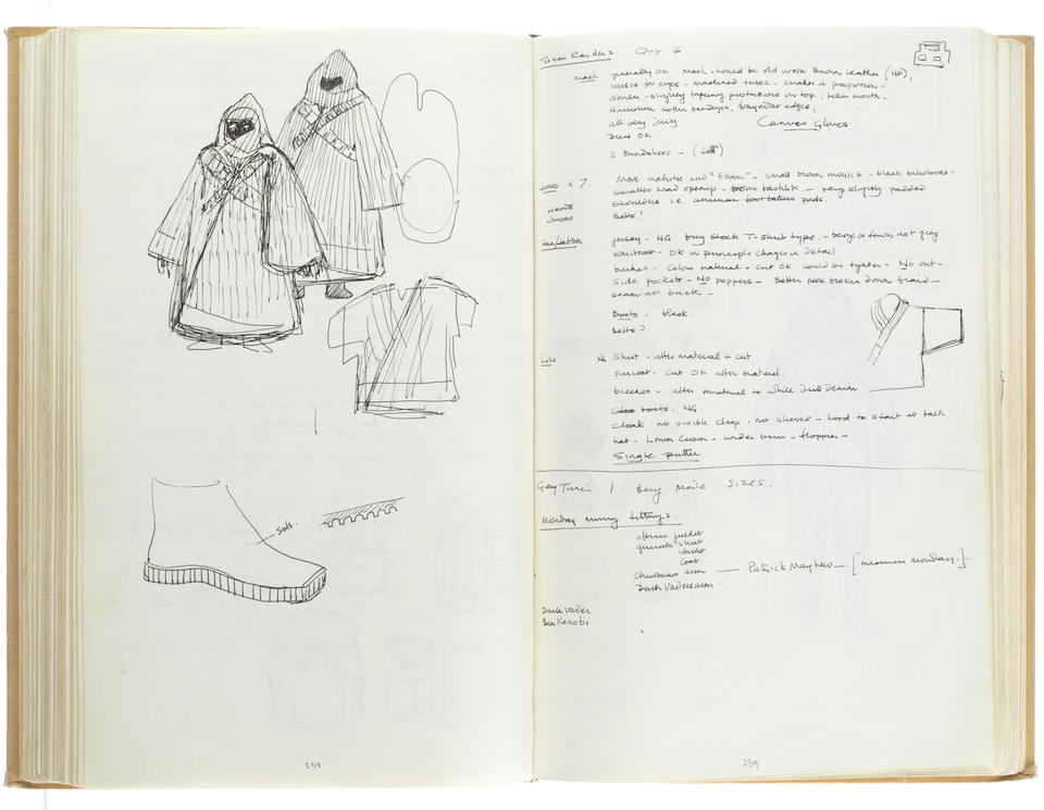 Star Wars Episode IV - A New Hope: John Mollo's personal sketchbook Notes & Sketches 1, a custom bound volume containing important and detailed working sketches and costume designs for many of the characters from the film Star Wars, together with production diary entries, meeting notes, time-lines and costume descriptions, the majority in black ink, some with colour; additionally the volume contains working for numerous military uniform designs for books, commercials and additional projects Mollo worked on during this time frame, Lucasfilm / Twentieth Century Fox, April 1975 - July 1976,