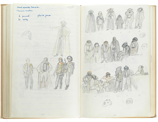 Star Wars Episode IV - A New Hope John Mollo's personal sketchbook Notes & Sketches 1, a custom bound volume containing important and detailed working sketches and costume designs for many of the characters from the film Star Wars, together with production diary entries, meeting notes, time-lines and costume descriptions, the majority in black ink, some with colour; additionally the volume contains working for numerous military uniform designs for books, commercials and additional projects Mollo worked on during this time frame, Lucasfilm / Twentieth Century Fox, April 1975 - July 1976, image 30
