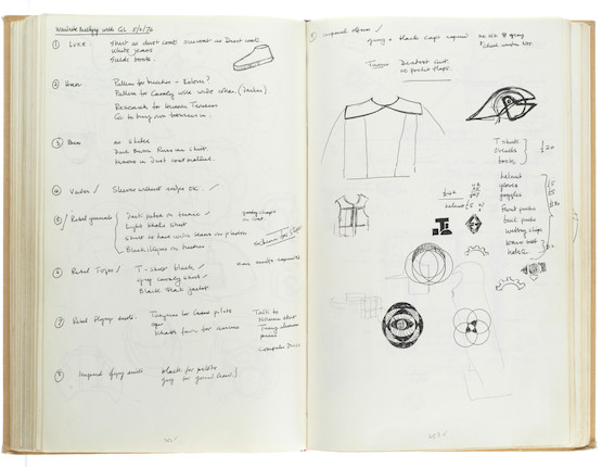 Star Wars Episode IV - A New Hope John Mollo's personal sketchbook Notes & Sketches 1, a custom bound volume containing important and detailed working sketches and costume designs for many of the characters from the film Star Wars, together with production diary entries, meeting notes, time-lines and costume descriptions, the majority in black ink, some with colour; additionally the volume contains working for numerous military uniform designs for books, commercials and additional projects Mollo worked on during this time frame, Lucasfilm / Twentieth Century Fox, April 1975 - July 1976, image 27