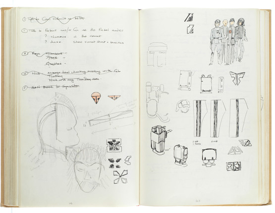 Star Wars Episode IV - A New Hope John Mollo's personal sketchbook Notes & Sketches 1, a custom bound volume containing important and detailed working sketches and costume designs for many of the characters from the film Star Wars, together with production diary entries, meeting notes, time-lines and costume descriptions, the majority in black ink, some with colour; additionally the volume contains working for numerous military uniform designs for books, commercials and additional projects Mollo worked on during this time frame, Lucasfilm / Twentieth Century Fox, April 1975 - July 1976, image 25