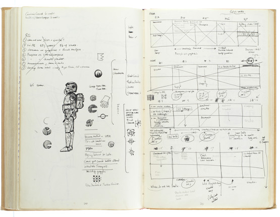 Star Wars Episode IV - A New Hope John Mollo's personal sketchbook Notes & Sketches 1, a custom bound volume containing important and detailed working sketches and costume designs for many of the characters from the film Star Wars, together with production diary entries, meeting notes, time-lines and costume descriptions, the majority in black ink, some with colour; additionally the volume contains working for numerous military uniform designs for books, commercials and additional projects Mollo worked on during this time frame, Lucasfilm / Twentieth Century Fox, April 1975 - July 1976, image 23