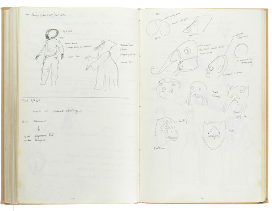 Star Wars Episode IV - A New Hope John Mollo's personal sketchbook Notes & Sketches 1, a custom bound volume containing important and detailed working sketches and costume designs for many of the characters from the film Star Wars, together with production diary entries, meeting notes, time-lines and costume descriptions, the majority in black ink, some with colour; additionally the volume contains working for numerous military uniform designs for books, commercials and additional projects Mollo worked on during this time frame, Lucasfilm / Twentieth Century Fox, April 1975 - July 1976, image 20