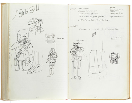 Star Wars Episode IV - A New Hope John Mollo's personal sketchbook Notes & Sketches 1, a custom bound volume containing important and detailed working sketches and costume designs for many of the characters from the film Star Wars, together with production diary entries, meeting notes, time-lines and costume descriptions, the majority in black ink, some with colour; additionally the volume contains working for numerous military uniform designs for books, commercials and additional projects Mollo worked on during this time frame, Lucasfilm / Twentieth Century Fox, April 1975 - July 1976, image 18
