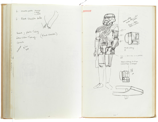 Star Wars Episode IV - A New Hope John Mollo's personal sketchbook Notes & Sketches 1, a custom bound volume containing important and detailed working sketches and costume designs for many of the characters from the film Star Wars, together with production diary entries, meeting notes, time-lines and costume descriptions, the majority in black ink, some with colour; additionally the volume contains working for numerous military uniform designs for books, commercials and additional projects Mollo worked on during this time frame, Lucasfilm / Twentieth Century Fox, April 1975 - July 1976, image 17