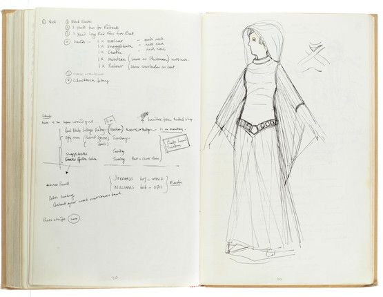 Star Wars Episode IV - A New Hope John Mollo's personal sketchbook Notes & Sketches 1, a custom bound volume containing important and detailed working sketches and costume designs for many of the characters from the film Star Wars, together with production diary entries, meeting notes, time-lines and costume descriptions, the majority in black ink, some with colour; additionally the volume contains working for numerous military uniform designs for books, commercials and additional projects Mollo worked on during this time frame, Lucasfilm / Twentieth Century Fox, April 1975 - July 1976, image 14