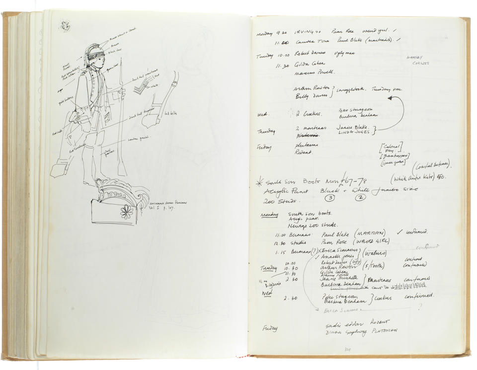 Star Wars Episode IV - A New Hope: John Mollo's personal sketchbook Notes & Sketches 1, a custom bound volume containing important and detailed working sketches and costume designs for many of the characters from the film Star Wars, together with production diary entries, meeting notes, time-lines and costume descriptions, the majority in black ink, some with colour; additionally the volume contains working for numerous military uniform designs for books, commercials and additional projects Mollo worked on during this time frame, Lucasfilm / Twentieth Century Fox, April 1975 - July 1976,