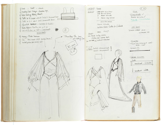 Star Wars Episode IV - A New Hope John Mollo's personal sketchbook Notes & Sketches 1, a custom bound volume containing important and detailed working sketches and costume designs for many of the characters from the film Star Wars, together with production diary entries, meeting notes, time-lines and costume descriptions, the majority in black ink, some with colour; additionally the volume contains working for numerous military uniform designs for books, commercials and additional projects Mollo worked on during this time frame, Lucasfilm / Twentieth Century Fox, April 1975 - July 1976, image 9
