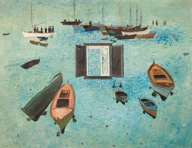 Spyros Vassiliou (Greek, 1902-1984) The harbour 99.5 x 129.5 cm.