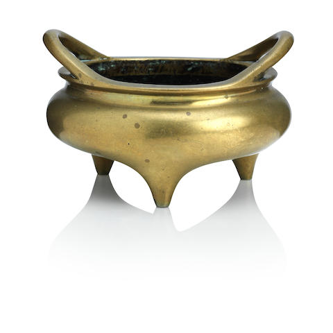 A bronze tripod incense burner  Bearing Xuande six-character mark but later