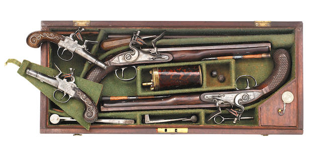 An Unusual Cased Set Of Four Flintlock Pistols Comprising A Pair Of 24-Bore Flintlock Duelling Pistols, And A Contemporary Pair Of 120-Bore Li&#232;ge Box-Lock Pocket Pistols