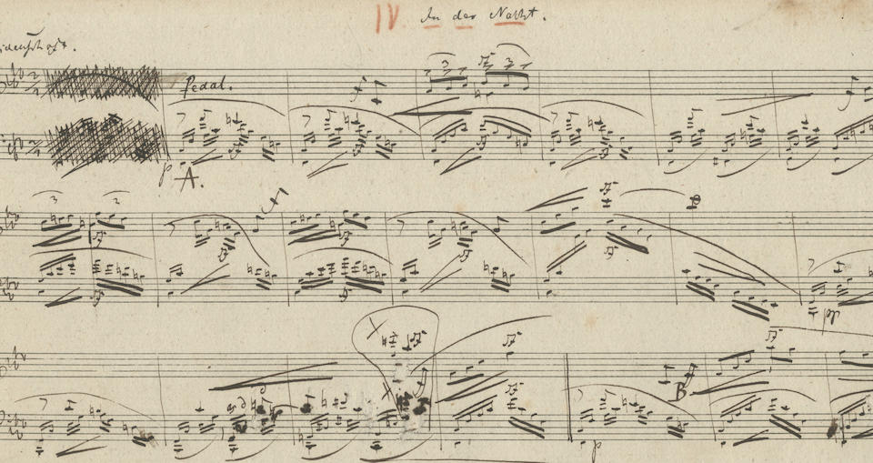 SCHUMANN (ROBERT) Autograph draft of the Fantasiest&#252;cke (Fantasy Pieces) for piano, op.12, comprising &#699;Aufschwung' ('Soaring') in F minor, 'Warum?' ('Why?') in D flat major, 'Grillen' ('Whims') in D flat major, 'In der Nacht' ('In the Night') in F minor, &#699;Traumes Wirren' ('Dream's Confusions') in F major and &#699;Ende vom Lied' ('End of the Song') in F major; Leipzig, completed 8 July and presented on 7 August 1837