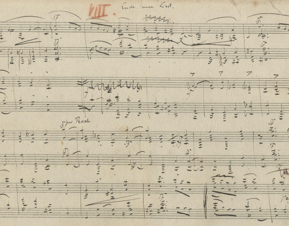 SCHUMANN (ROBERT) Autograph draft of the Fantasiest&#252;cke (Fantasy Pieces) for piano, op.12, comprising &#699;Aufschwung' ('Soaring') in F minor, 'Warum?' ('Why?') in D flat major, 'Grillen' ('Whims') in D flat major, 'In der Nacht' ('In the Night') in F minor, &#699;Traumes Wirren' ('Dream's Confusions') in F major and &#699;Ende vom Lied' ('End of the Song') in F major; Leipzig, completed 8 July and presented on 7 August 1837