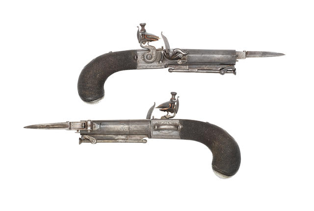 A Cased Pair Of 40-Bore Flintlock Box-Lock Travelling Pistols With Spring Bayonets