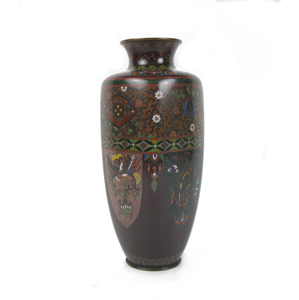 A cloisonn&#233; enamel vase and a pair of cloisonn&#233; enamel and porcelain vases 19th century (3)