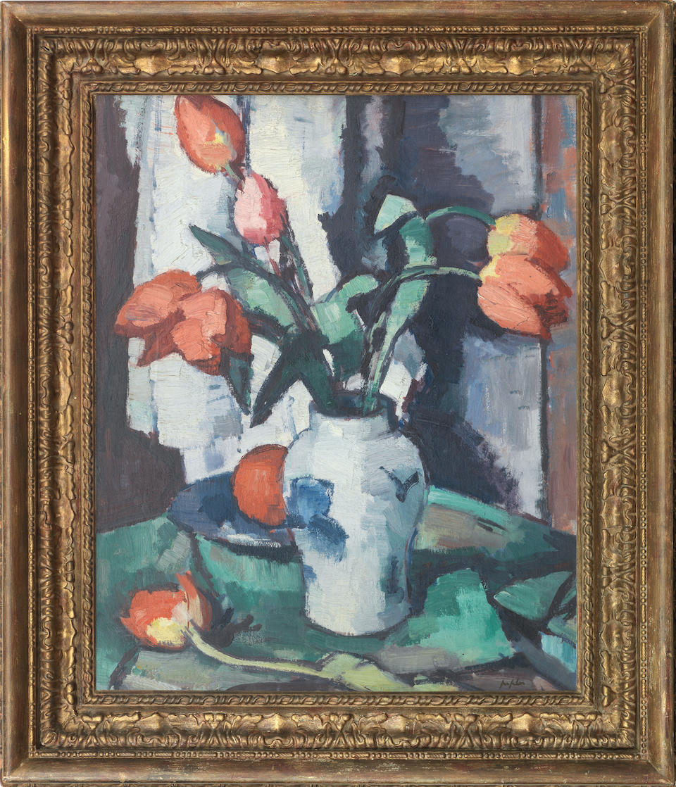 Samuel John Peploe RSA (British, 1871-1935) Tulips in a Chinese Vase 55.5 x 46 cm. (21 7/8 x 18 1/8 in.)