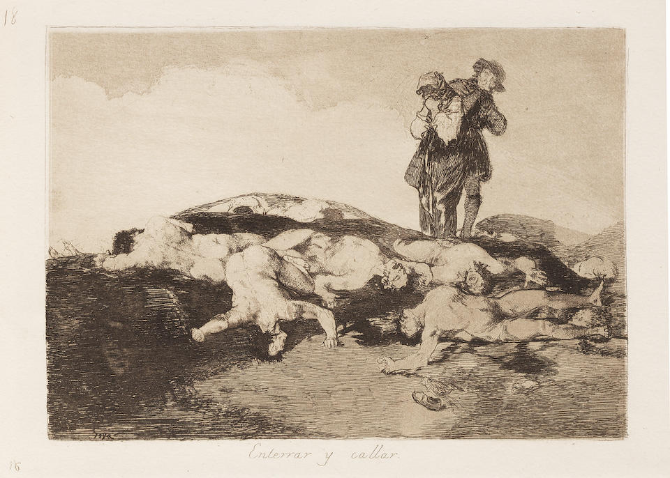 Francisco Jos&#233; de Goya y Lucientes (1746-1828) Los Desastres de la Guerra (Disasters of War) The complete set of eighty etchings with burnished aquatint, drypoint and engraving, 1810-20, on heavy, absorbent wove paper, with watermarks J.G.O and a Palmette, fine, early impressions, from Harris' First Edition Ia, before corrections to the titles of plates 9, 32, 33, 34, 35, 36, 39 and 47, printed in the workshop of Laurenciano Potenciano, published by the Real Academia de Nobles Artes de San Fernando, Madrid, 1863, all the full sheets but one plate reduced slightly at the right sheet edge, otherwise in very good condition, bound as issued in eight groups of ten impressions with pale pink paper covers numbered in stencil on the front 1 to 8, with the title page and introductory text in the first bound folder, all folders in good conditionPlates 162 x 232mm. (6 5/8 x 9 1/4in.); Sheets 248 x 345mm. (9 7/8 x 13 1/2in.) 80