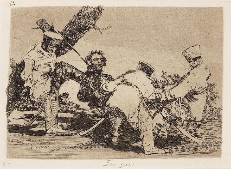 Francisco Jos&#233; de Goya y Lucientes (1746-1828) Los Desastres de la Guerra (Disasters of War) The complete set of eighty etchings with burnished aquatint, drypoint and engraving, 1810-20, on heavy, absorbent wove paper, with watermarks J.G.O and a Palmette, fine, early impressions, from Harris' First Edition Ia, before corrections to the titles of plates 9, 32, 33, 34, 35, 36, 39 and 47, printed in the workshop of Laurenciano Potenciano, published by the Real Academia de Nobles Artes de San Fernando, Madrid, 1863, all the full sheets but one plate reduced slightly at the right sheet edge, otherwise in very good condition, bound as issued in eight groups of ten impressions with pale pink paper covers numbered in stencil on the front 1 to 8, with the title page and introductory text in the first bound folder, all folders in good conditionPlates 162 x 232mm. (6 5/8 x 9 1/4in.); Sheets 248 x 345mm. (9 7/8 x 13 1/2in.) 80