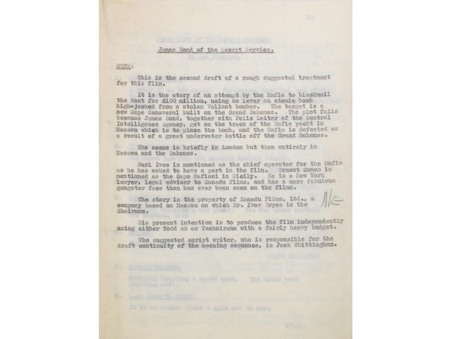 Ian Fleming / James Bond: A second draft treatment carbon copy for 'James Bond Of The Secret Service' from Ian Flemings office, October 1959,