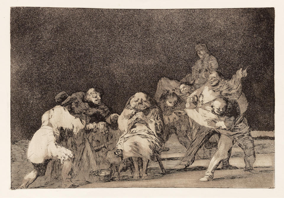Francisco Jos&#233; de Goya y Lucientes (1746-1828) Los Proverbios (The Proverbs) The complete set of 18 etchings with aquatint and drypoint, before 1824, on heavy wove paper, some with watermarks J.G.O. and a Palmette, fine, richly inked impressions, printing with very good contrasts and highlights, from the First edition of three hundred copies, printed in the workshop of Laurenciano Potenciano, published by the Real Academia de Nobles Artes de San Fernando, Madrid, 1864, with the lithographic title page, the full sheets, generally in very good condition, bound within a late 19th Century calf leather and brown linen-covered boards with the artist's name and title in gilt on the spine Plates 245 x 355mm. (9 3/4 x 14in.); Sheets 333 x 500mm. (13 x 19 1/2in.)  18