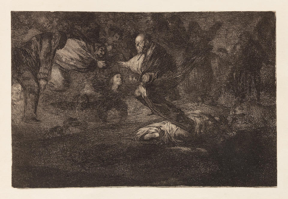 Francisco Jos&#233; de Goya y Lucientes (1746-1828) Los Proverbios (The Proverbs) The complete set of 18 etchings with aquatint and drypoint, before 1824, on heavy wove paper, some with watermarks J.G.O. and a Palmette, fine, richly inked impressions, printing with very good contrasts and highlights, from the First edition of three hundred copies, printed in the workshop of Laurenciano Potenciano, published by the Real Academia de Nobles Artes de San Fernando, Madrid, 1864, with the lithographic title page, the full sheets, generally in very good condition, bound within a late 19th Century calf leather and brown linen-covered boards with the artist's name and title in gilt on the spine Plates 245 x 355mm. (9 3/4 x 14in.); Sheets 333 x 500mm. (13 x 19 1/2in.)  18