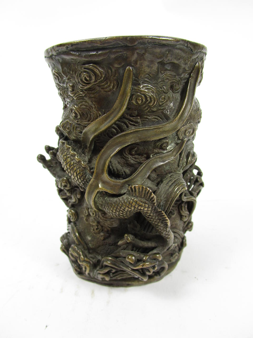 A bronze dragon brush pot