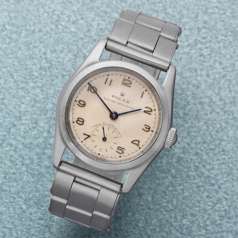 Rolex. A very rare stainless steel manual wind bracelet watch with Kew Certification and 'Especially Good' result Oyster Speedking 'Kew A Certificate', Ref: 5056, Circa 1947