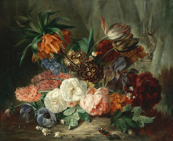 Fran&#231;ois Joseph Huygens (Belgian, 1820-1908) Still lifes of flowers with butterflies; a pair  each 61 x 73.7cm (24 x 29in).(2)