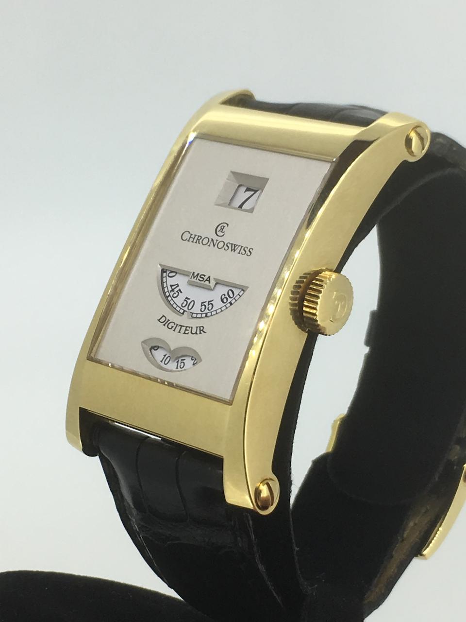 Chronoswiss. A Limited Edition 18K gold manual wind wristwatch with jump hour  Digiteur, Ref: CH1371, No.62/99, Circa 2005