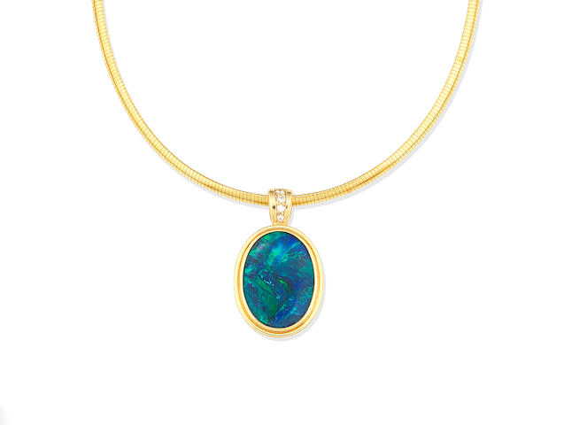 Bonhams : An opal and diamond pendant necklace