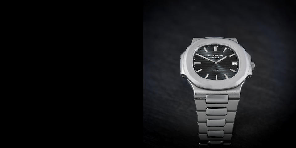 Patek Philippe. A fine and rare stainless steel automatic calendar bracelet watch with original Asprey receipt  Jumbo Nautilus Retailed by Asprey, Ref: 3700/1, Sold 1st August 1983