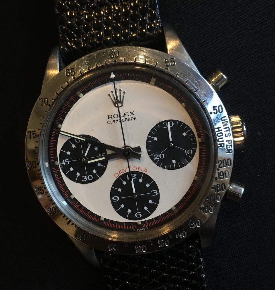 Rolex. An exceptionally rare stainless steel manual wind chronograph bracelet watch with exotic Paul Newman dial Paul Newman Cosmograph Daytona, Ref: 6239, Circa 1967