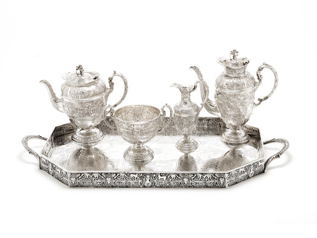 A Victorian silver Cellini pattern tea service and tray by Charles Boyton, London 1891 (5)