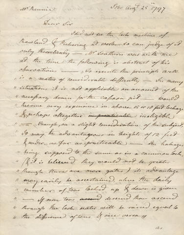 WATT (JAMES) Autograph letter signed ("James Watt") to John Rennie, sending a detailed abstract of his assistant John Southern's observations on Rowland & Pickering's lock machine for canals, Soho, 25 August 1797