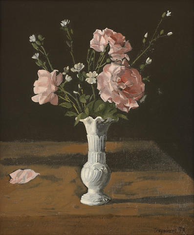 Yiannis Tsarouchis (Greek, 1910-1989) Pink roses in a vase   44.5 x 36.5 cm.