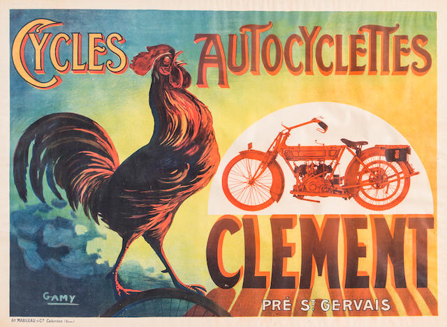 AFFICHE DES &#171; CYCLES ET AUTOCYCLETTES &#187; CLEMENT D'APRES GAMY, FRAN&#199;AISE, CIRCA 1902,