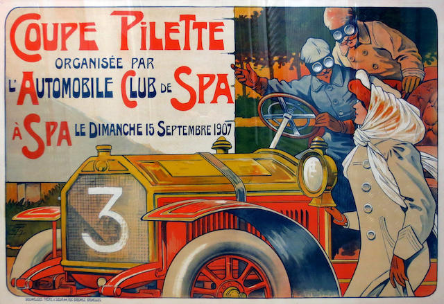 AFFICHE DE L'EPREUVE AUTOMOBILE &#171; COUPE PILETTE &#187; DE L'AUTOMOBILE CLUB DE SPA, 1907,