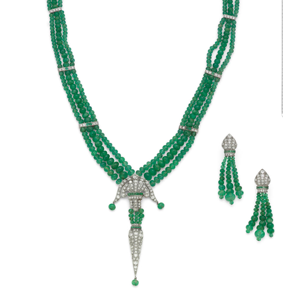 An emerald and diamond necklace and earring suite (2)