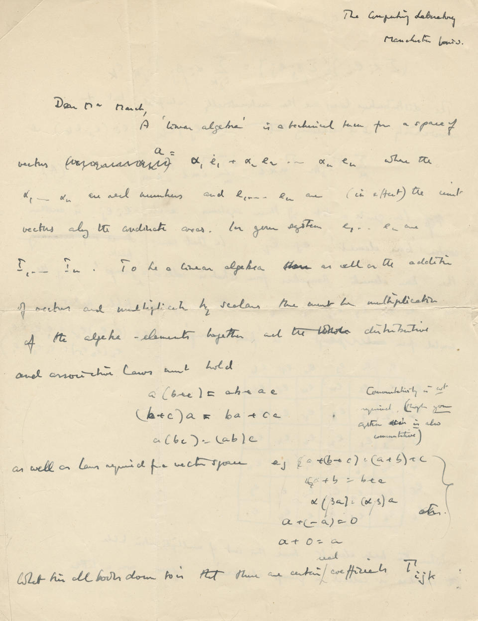 TURING (ALAN) Autograph letter signed ("A.M. Turing"), to Lionel March, discussing linear and group algebras "The Computing Laboratory/ Manchester" (2)