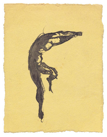 AUGUSTE RODIN (1840-1917) Danseur courb&#233; vers la droite, un pied en l'air et les bras joints au-dessus de la t&#234;te - &#233;tude de patineur sur glace? drawing: 6.8 x 5.3cm (2 11/16 x 2 1/16in).; artist's mount: 8.2 x 10.7cm (3 1/4 x 4 3/16in). (Executed circa 1870)