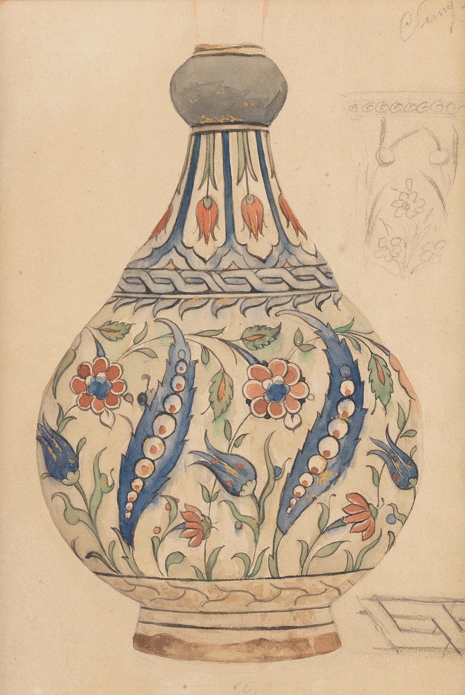 Five watercolour designs for Iznik style vessels from the Samson Factory Paris, 19th Century(5)
