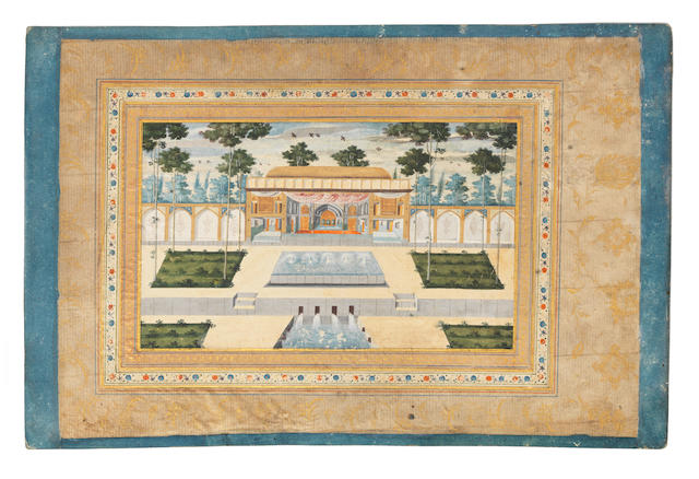 A view of the ornamental gardens surrounding a palace pavilion Qajar Persia, early 19th Century